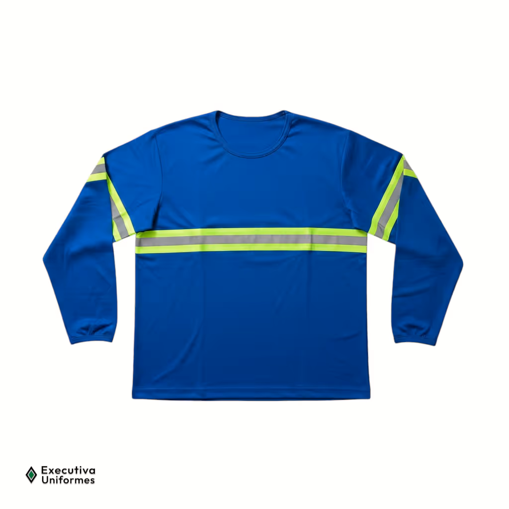 Camiseta de segurança de manga longa na cor azul royal com gola careca. A peça destaca-se por possuir faixas refletivas horizontais nas cores amarelo neon e prata, localizadas atravessando o peito e ao redor da metade superior de ambos os braços.