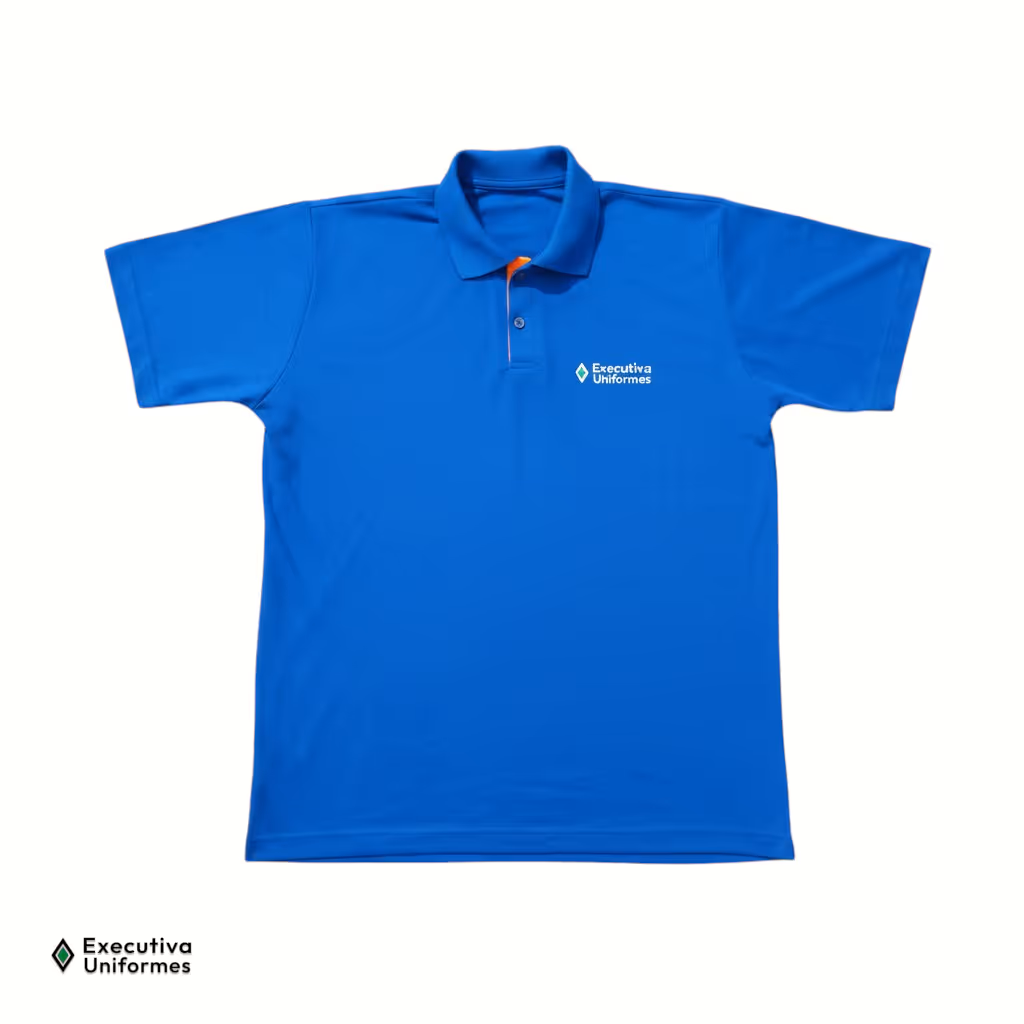 Camisa polo de manga curta na cor azul royal. A peça apresenta um detalhe em tecido laranja na parte interna da vista da gola, fechamento por um botão visível e um pequeno logotipo bordado no lado esquerdo do peito.