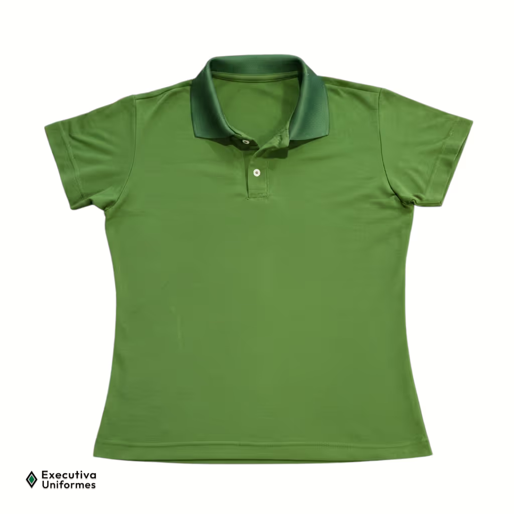 Camisa polo feminina, modelo baby look (levemente acinturada), de manga curta na cor verde. Possui gola em um tom de verde ligeiramente mais escuro e fechamento frontal com dois botões brancos.